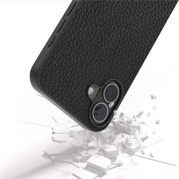 ABEEL For iPhone 16 Case TPU+Genuine Cow Leather Protective Phone Cover - Black