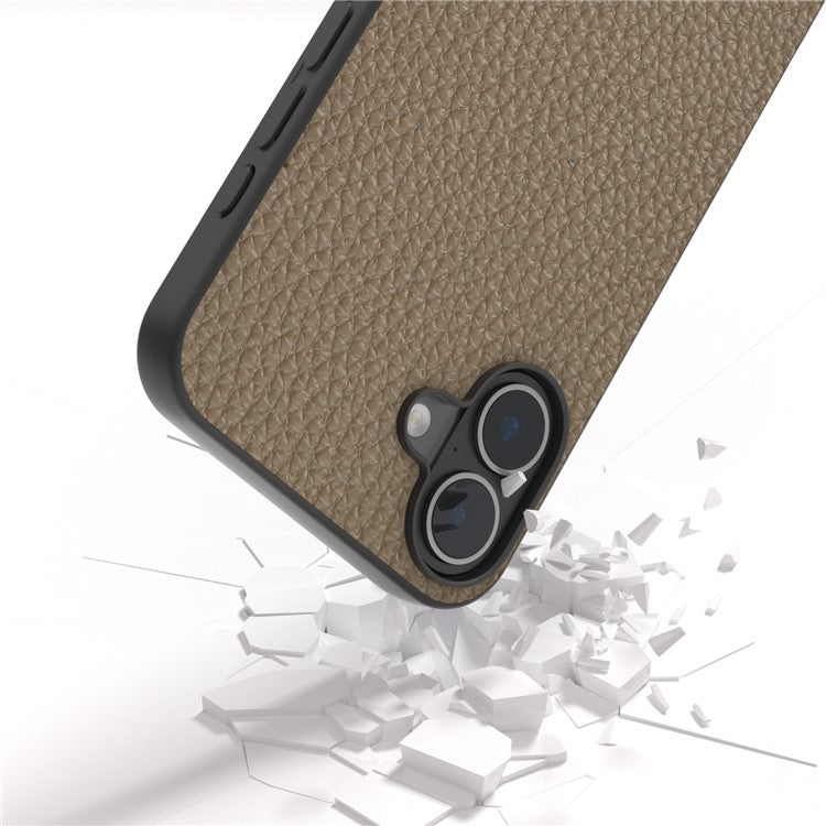 ABEEL For iPhone 16 Case TPU+Genuine Cow Leather Protective Phone Cover - Brown