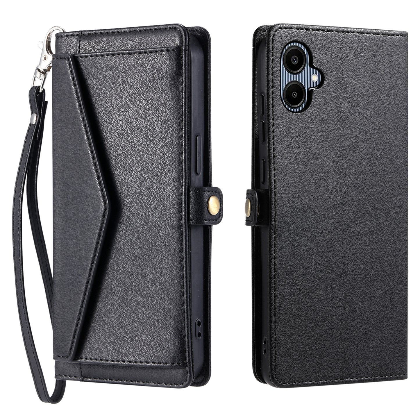 For Samsung Galaxy A06 Leather Case with Wrist Strap Wallet Stand Phone Cover - Black