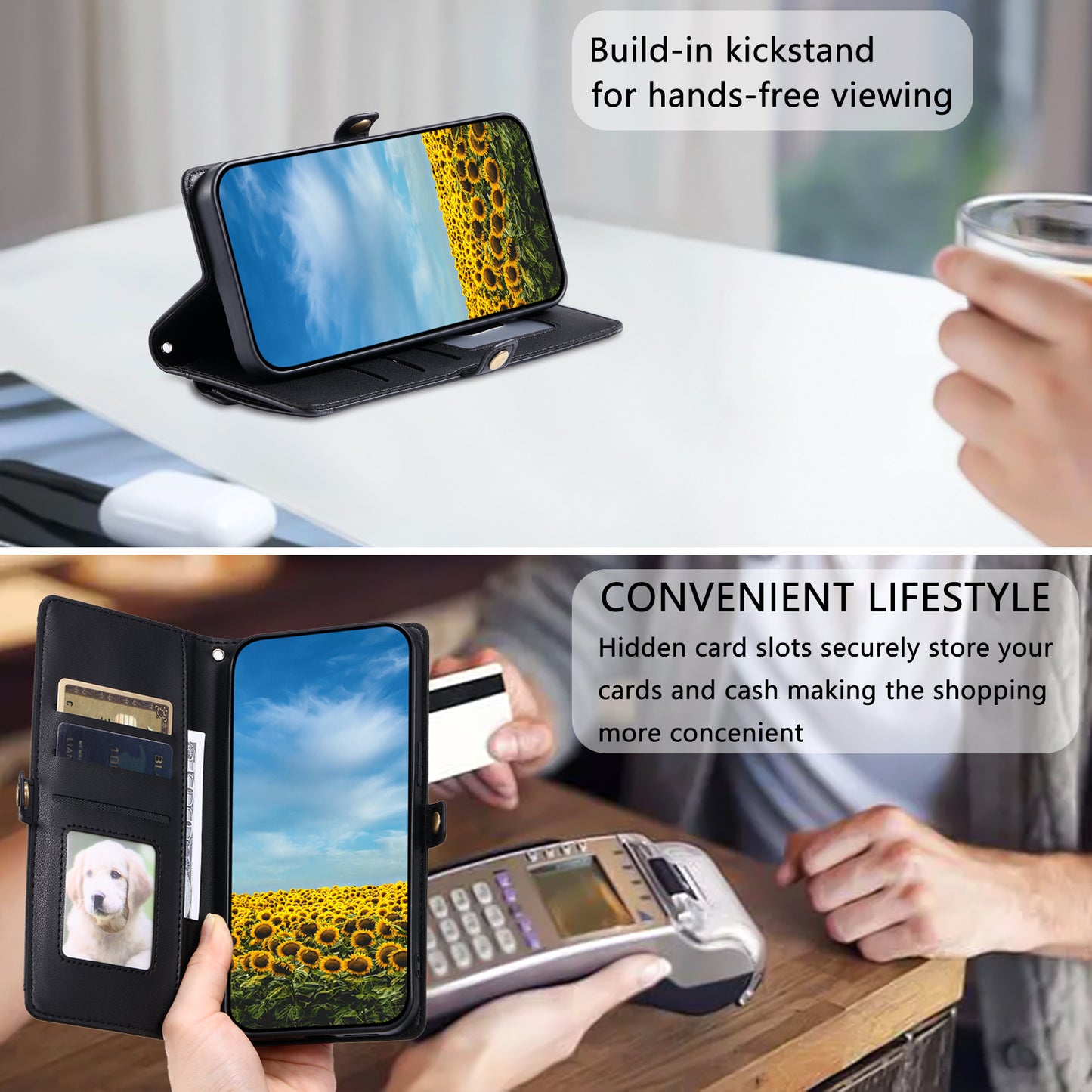 For Samsung Galaxy A06 Leather Case with Wrist Strap Wallet Stand Phone Cover - Black