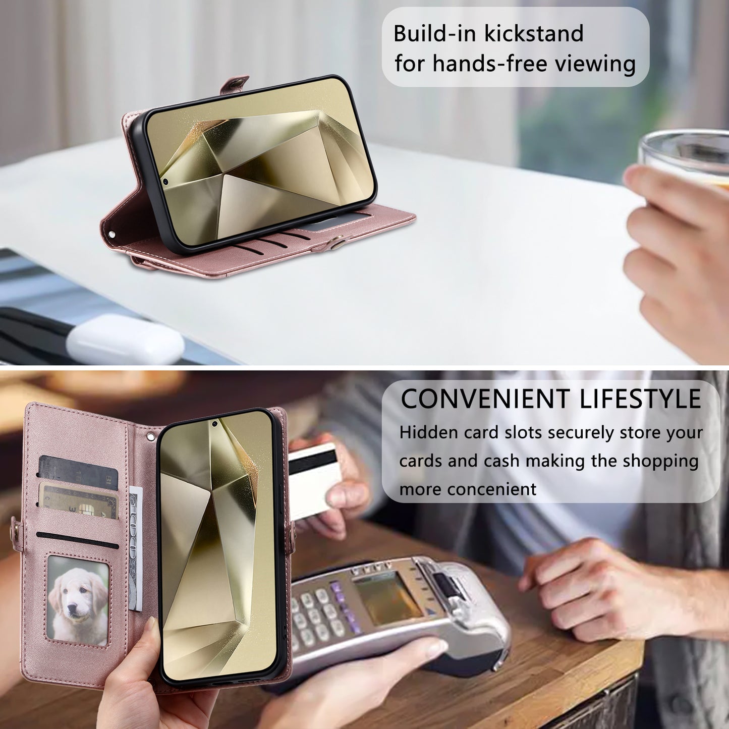 For Samsung Galaxy A16 5G / A16 4G Leather Case with Wrist Strap Wallet Stand Phone Cover - Rose Gold