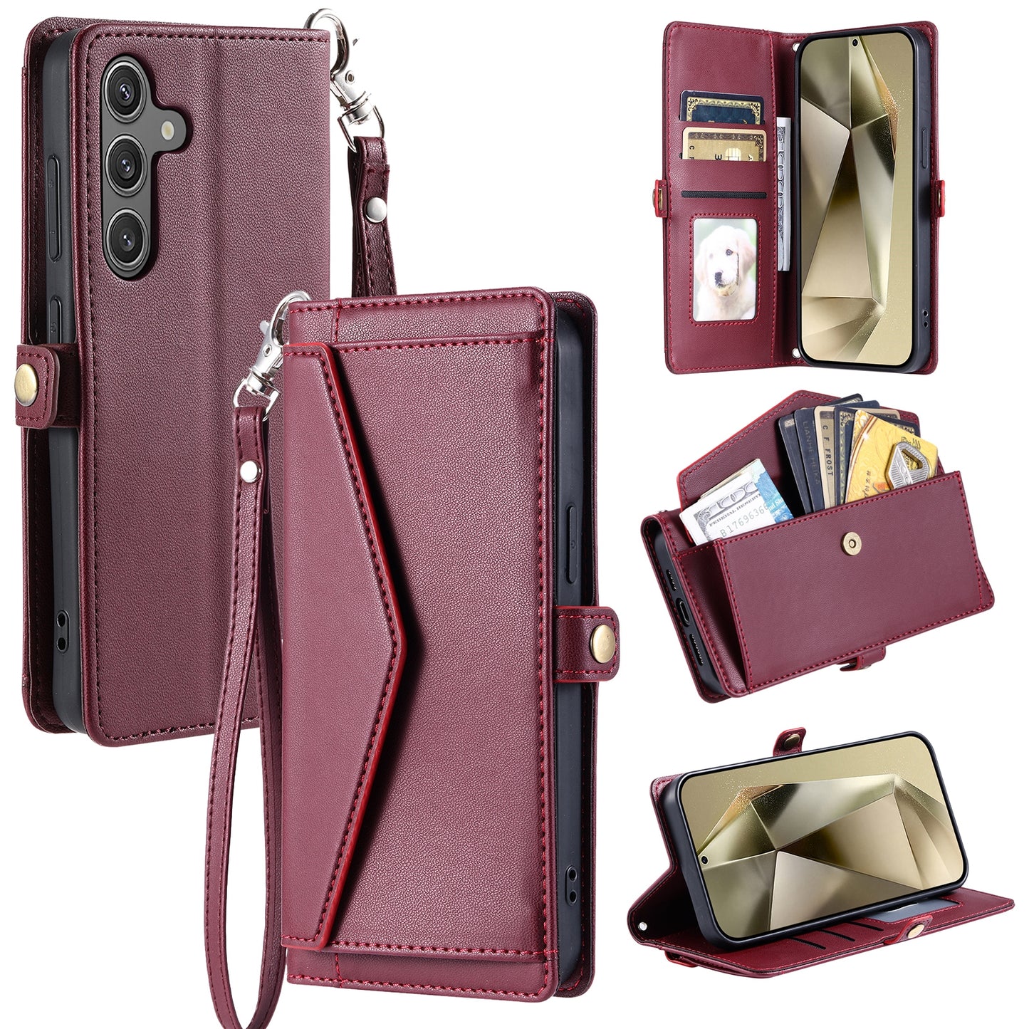 For Samsung Galaxy A16 5G / A16 4G Leather Case with Wrist Strap Wallet Stand Phone Cover - Wine Red