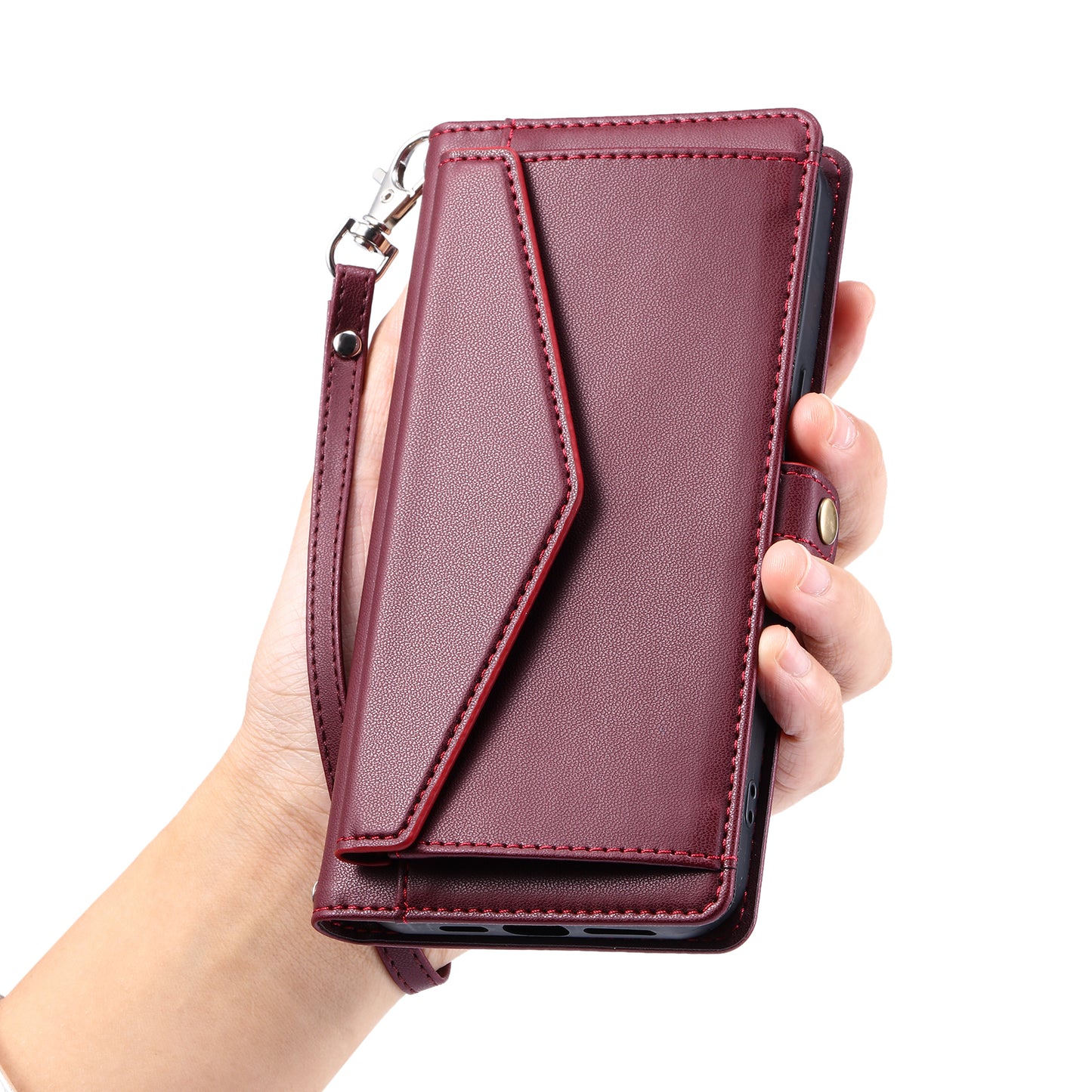 For Samsung Galaxy A16 5G / A16 4G Leather Case with Wrist Strap Wallet Stand Phone Cover - Wine Red