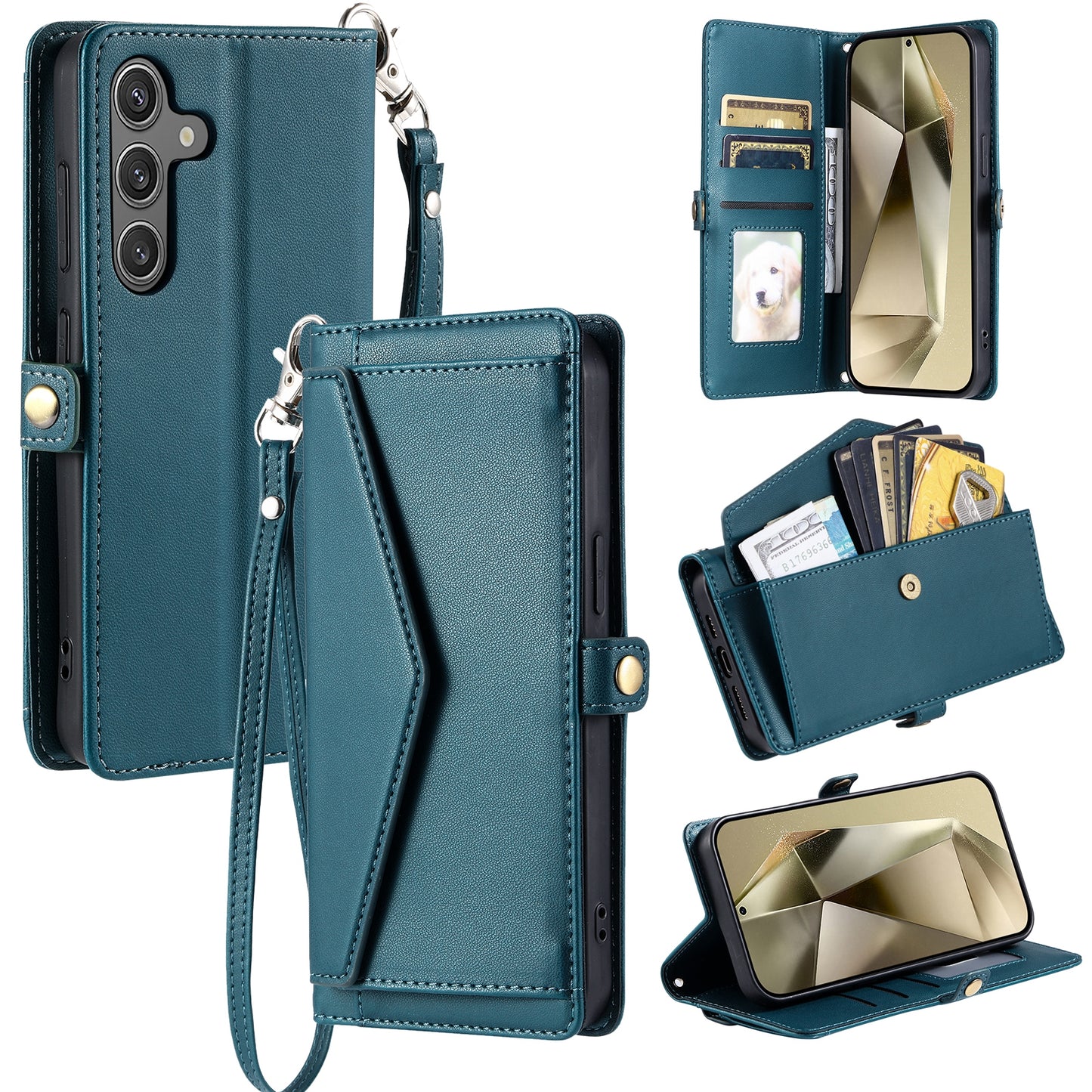 For Samsung Galaxy A16 5G / A16 4G Leather Case with Wrist Strap Wallet Stand Phone Cover - Blackish Green