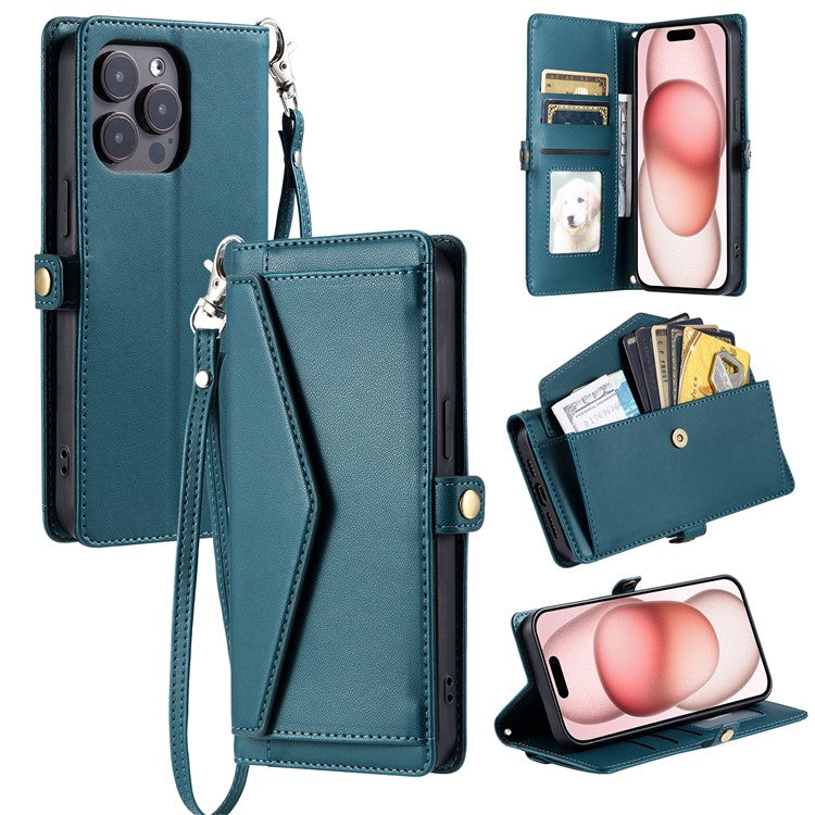 For iPhone 16 Pro Leather Case with Wrist Strap Wallet Stand Phone Cover - Blackish Green