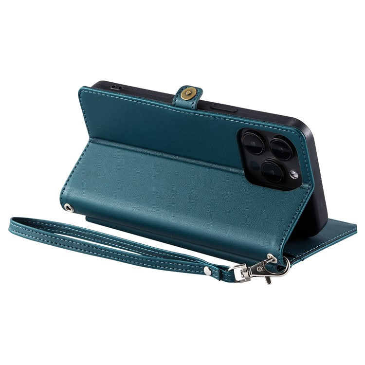 For iPhone 16 Pro Leather Case with Wrist Strap Wallet Stand Phone Cover - Blackish Green