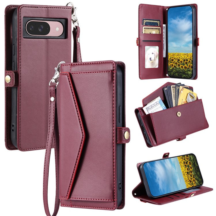For Google Pixel 9 Pro / Pixel 9 Leather Case with Wrist Strap Wallet Stand Phone Cover - Wine Red
