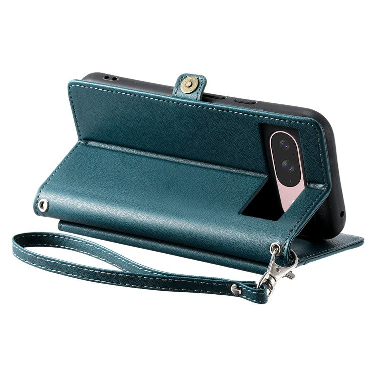 For Google Pixel 9 Pro / Pixel 9 Leather Case with Wrist Strap Wallet Stand Phone Cover - Blackish Green