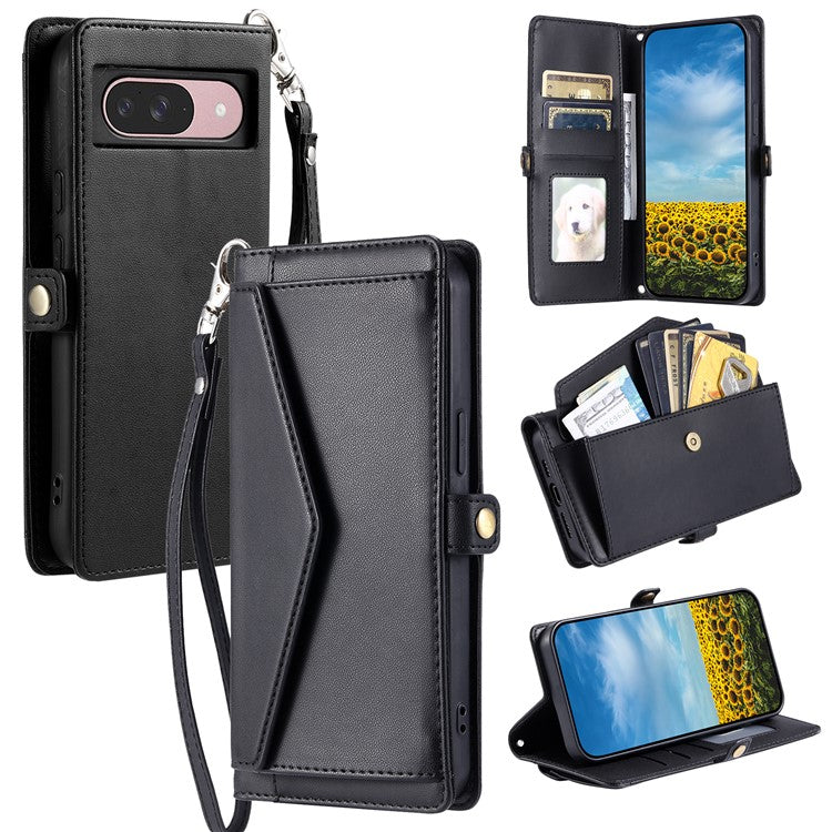 For Google Pixel 9 Pro / Pixel 9 Leather Case with Wrist Strap Wallet Stand Phone Cover - Black
