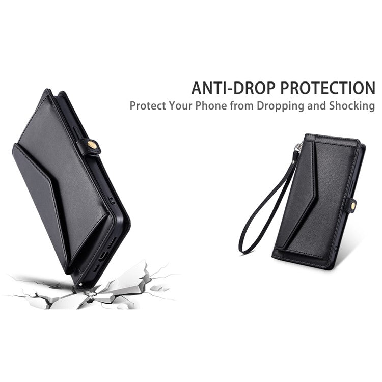 For Google Pixel 9 Pro / Pixel 9 Leather Case with Wrist Strap Wallet Stand Phone Cover - Black