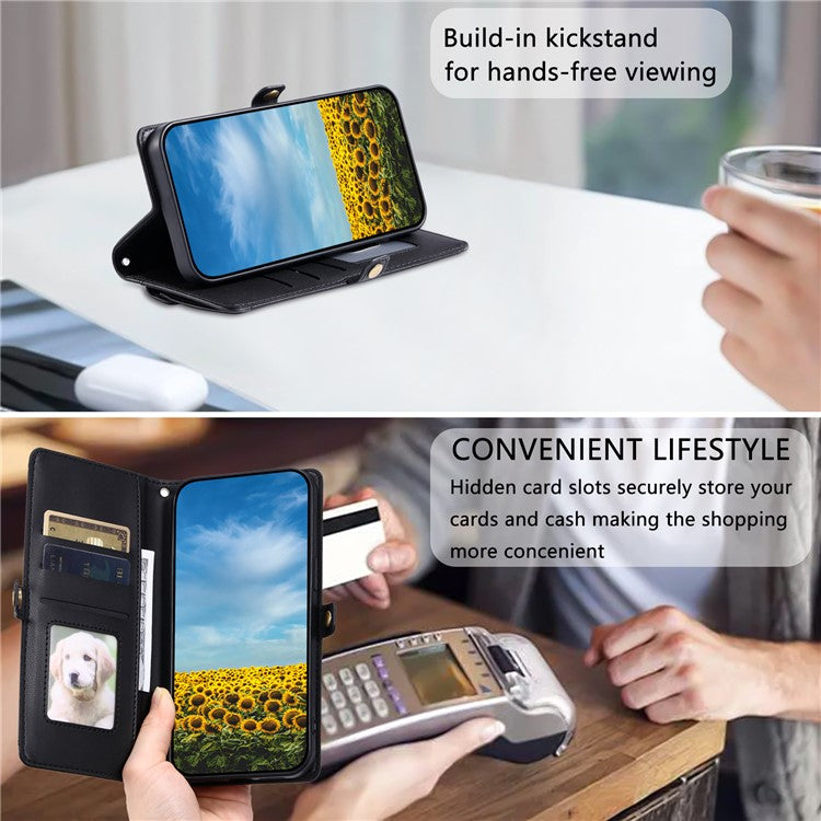 For Google Pixel 9 Pro / Pixel 9 Leather Case with Wrist Strap Wallet Stand Phone Cover - Black