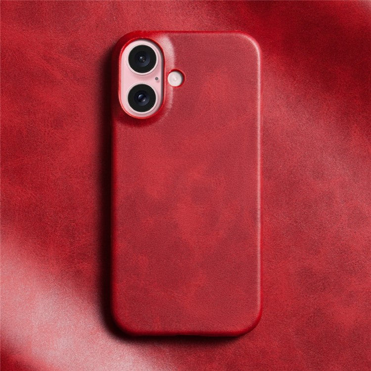 For iPhone 16 Case Calf Texture PU Leather Hard PC Protective Phone Cover - Red