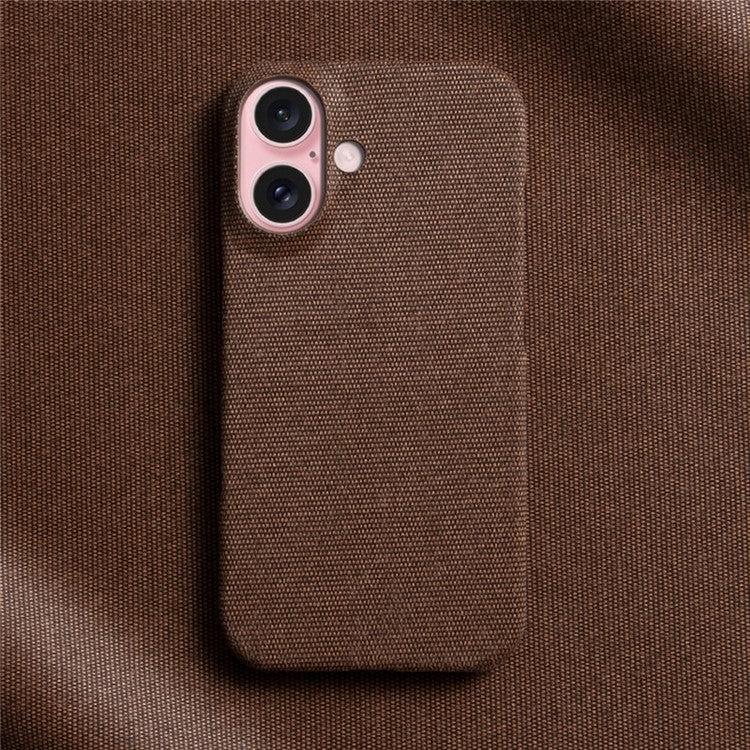For iPhone 16 Case Cloth Texture Anti-scratch Protective PC Phone Cover - Brown