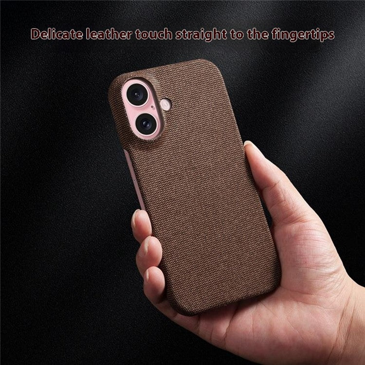 For iPhone 16 Case Cloth Texture Anti-scratch Protective PC Phone Cover - Brown