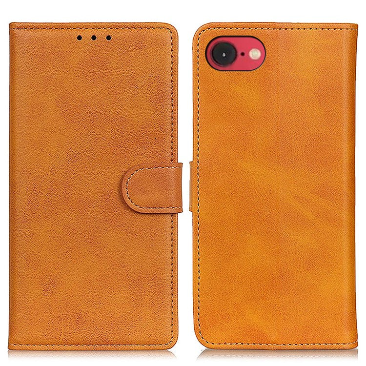 For iPhone 16e Stand Wallet Case Cowhide Texture Leather Phone Cover - Brown