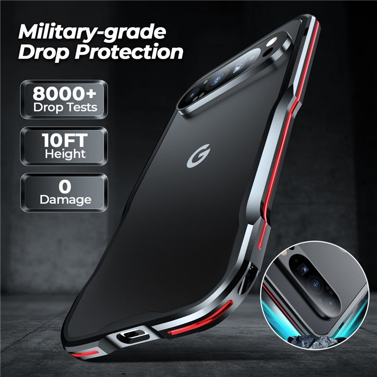 LUPHIE For Google Pixel 9 / 9 Pro Case Metal Bumper Frame Shockproof Phone Cover - Black / Red