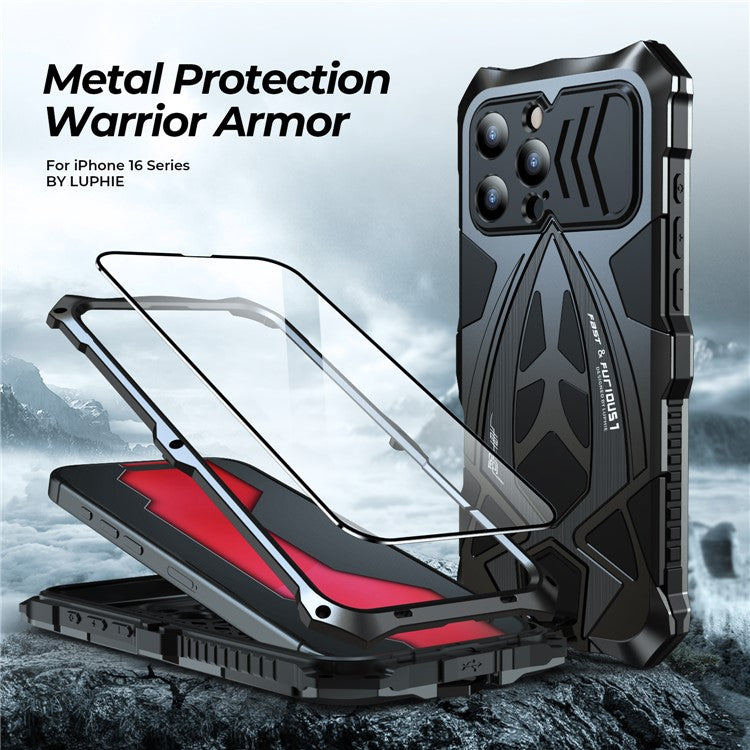 LUPHIE For iPhone 16 Pro Case Sports Car Design Shockproof Metal+TPU Phone Cover with Screen Protector - Black