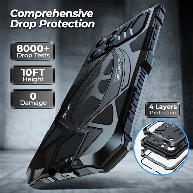 LUPHIE For iPhone 16 Pro Case Sports Car Design Shockproof Metal+TPU Phone Cover with Screen Protector - Black