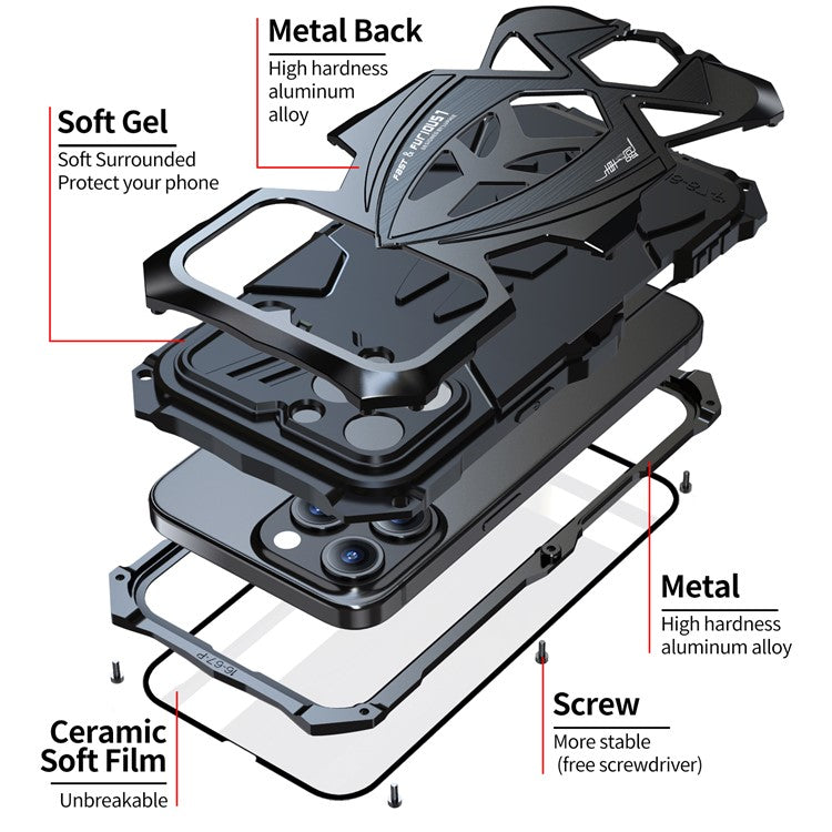 LUPHIE For iPhone 16 Pro Case Sports Car Design Shockproof Metal+TPU Phone Cover with Screen Protector - Black