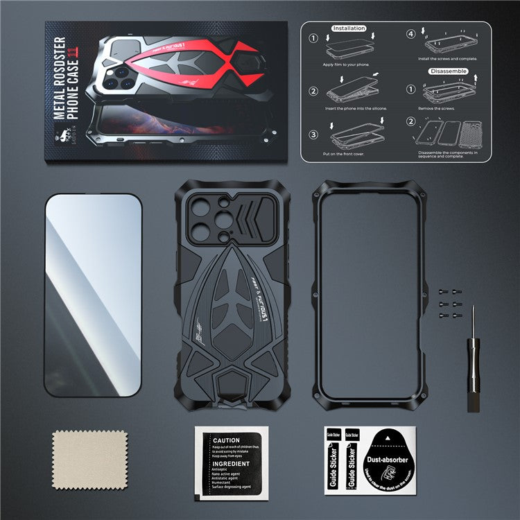 LUPHIE For iPhone 16 Pro Case Sports Car Design Shockproof Metal+TPU Phone Cover with Screen Protector - Black