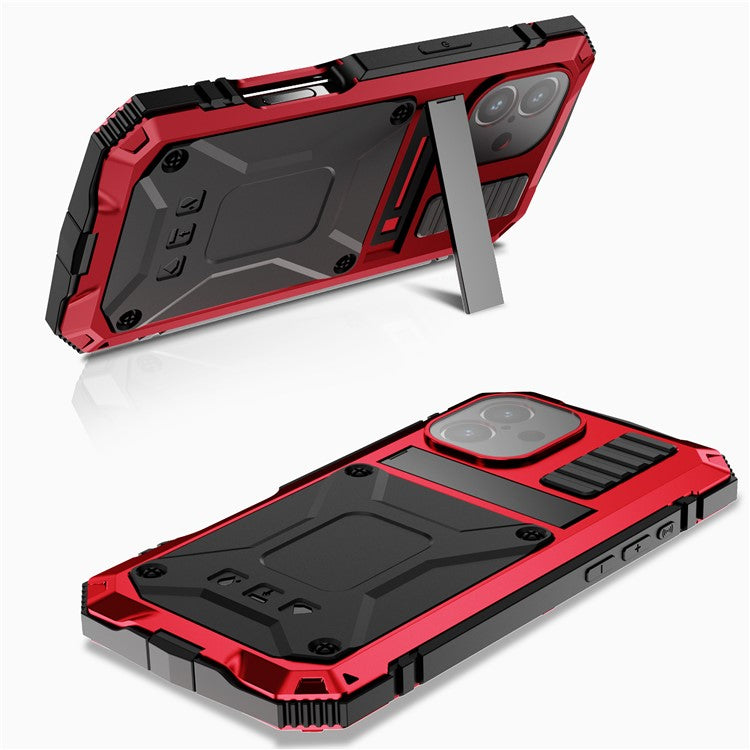 R-JUST For iPhone 16 Case PC+Silicone+Metal Kickstand Phone Cover with Tempered Glass Film - Red