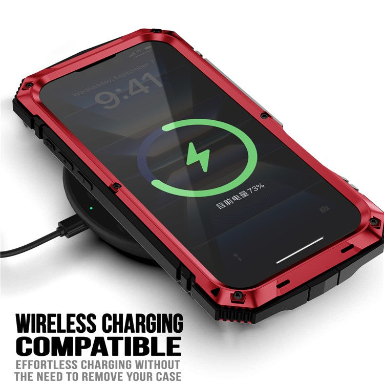 R-JUST For iPhone 16 Case PC+Silicone+Metal Kickstand Phone Cover with Tempered Glass Film - Red