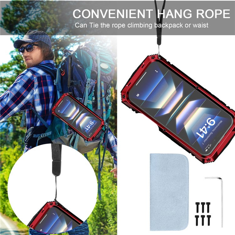 R-JUST For iPhone 16 Case PC+Silicone+Metal Kickstand Phone Cover with Tempered Glass Film - Red