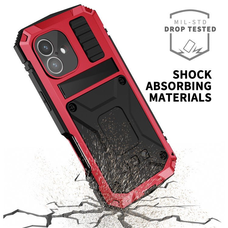 R-JUST For iPhone 16 Case PC+Silicone+Metal Kickstand Phone Cover with Tempered Glass Film - Red