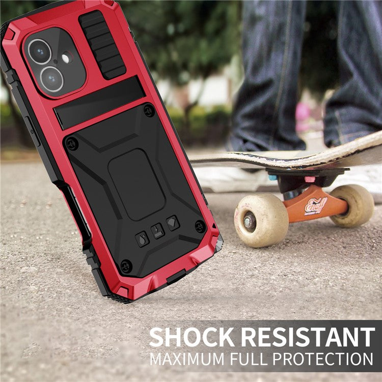 R-JUST For iPhone 16 Case PC+Silicone+Metal Kickstand Phone Cover with Tempered Glass Film - Red