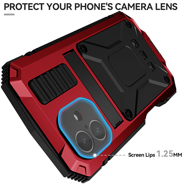 R-JUST For iPhone 16 Case PC+Silicone+Metal Kickstand Phone Cover with Tempered Glass Film - Red