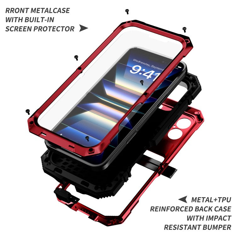 R-JUST For iPhone 16 Case PC+Silicone+Metal Kickstand Phone Cover with Tempered Glass Film - Red