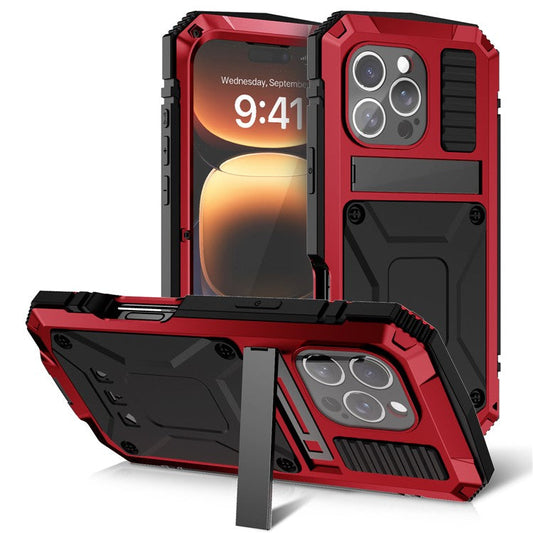 R-JUST For iPhone 16 Pro Case PC+Silicone+Metal Kickstand Phone Cover with Tempered Glass Film - Red