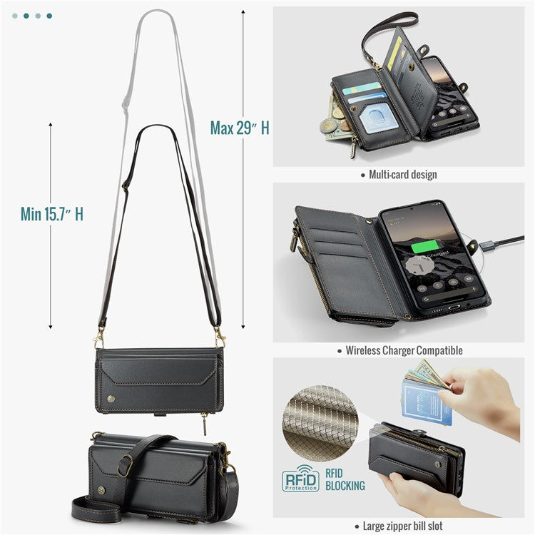 CASEME C36 Series For Google Pixel 9 / Pixel 9 Pro Case Crossbody Leather Phone Bag with 7 Card Slots - Black