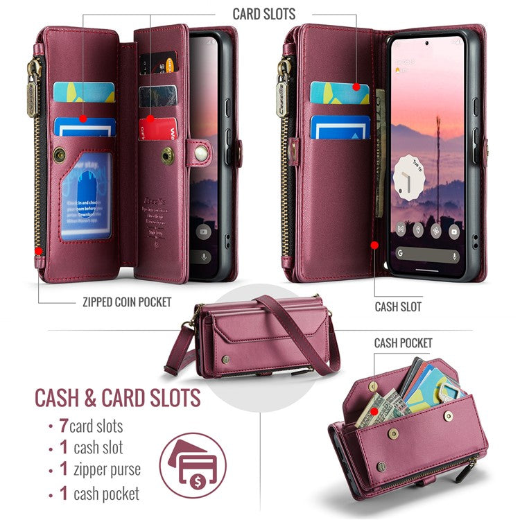 CASEME C36 Series For Google Pixel 9 / Pixel 9 Pro Case Crossbody Leather Phone Bag with 7 Card Slots - Wine Red