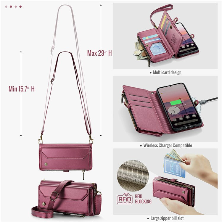 CASEME C36 Series For Google Pixel 9 / Pixel 9 Pro Case Crossbody Leather Phone Bag with 7 Card Slots - Wine Red
