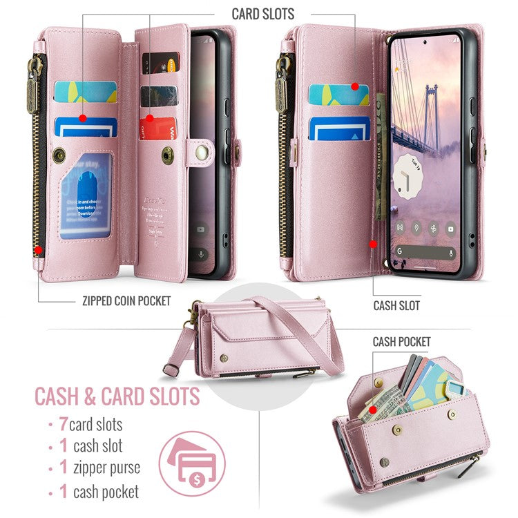 CASEME C36 Series For Google Pixel 9 / Pixel 9 Pro Case Crossbody Leather Phone Bag with 7 Card Slots - Pink