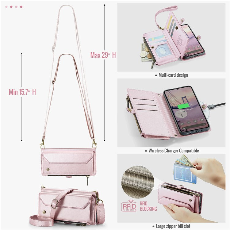 CASEME C36 Series For Google Pixel 9 / Pixel 9 Pro Case Crossbody Leather Phone Bag with 7 Card Slots - Pink