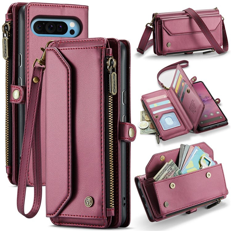 CASEME C36 Series For Google Pixel 9 Pro XL Case Zipper Wallet Leather Phone Cover with Straps - Wine Red