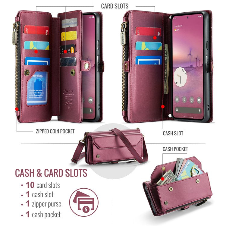 CASEME C36 Series For Google Pixel 9 Pro XL Case Zipper Wallet Leather Phone Cover with Straps - Wine Red