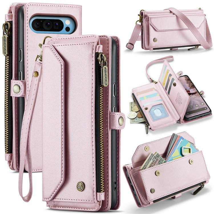CASEME C36 Series For Google Pixel 9 Pro XL Case Zipper Wallet Leather Phone Cover with Straps - Pink