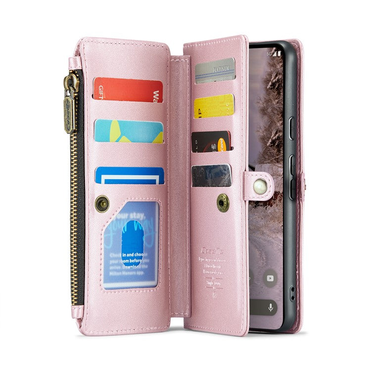 CASEME C36 Series For Google Pixel 9 Pro XL Case Zipper Wallet Leather Phone Cover with Straps - Pink