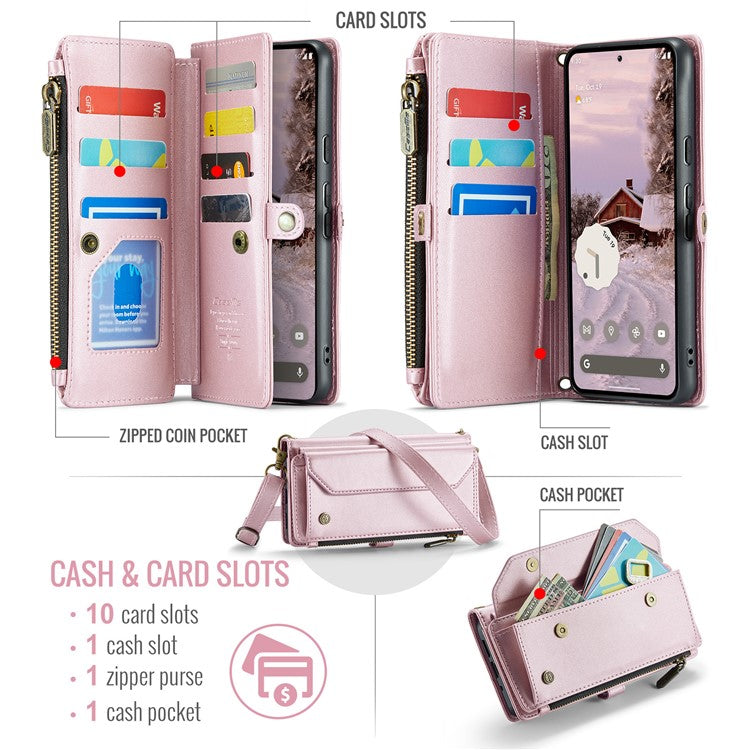 CASEME C36 Series For Google Pixel 9 Pro XL Case Zipper Wallet Leather Phone Cover with Straps - Pink