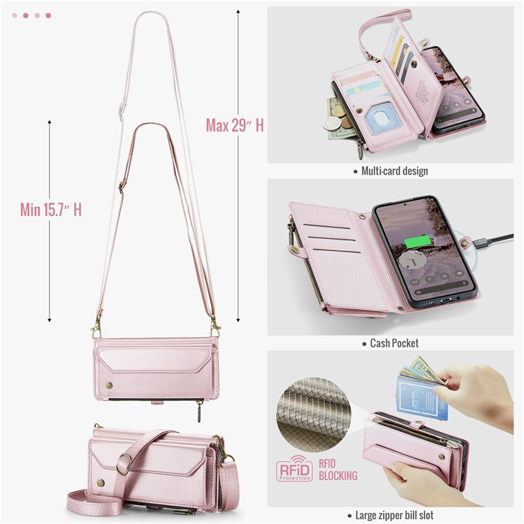 CASEME C36 Series For Google Pixel 9 Pro XL Case Zipper Wallet Leather Phone Cover with Straps - Pink