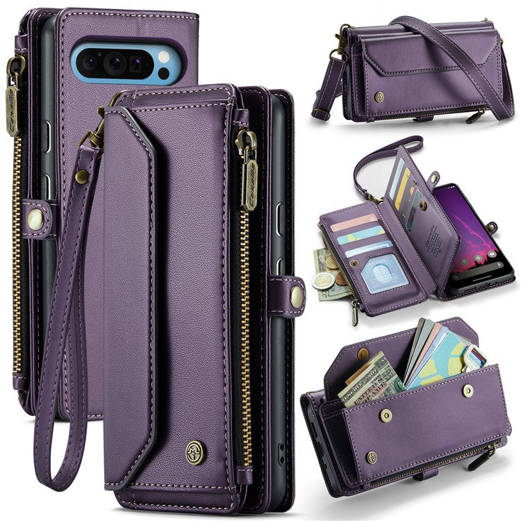 CASEME C36 Series For Google Pixel 9 Pro XL Case Zipper Wallet Leather Phone Cover with Straps - Purple