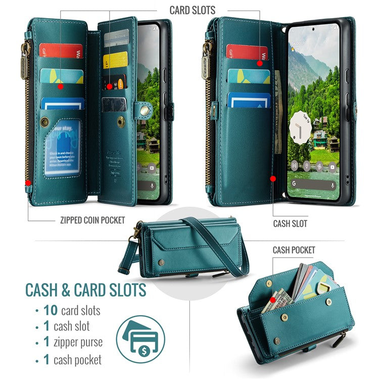 CASEME C36 Series For Google Pixel 9 Pro XL Case Zipper Wallet Leather Phone Cover with Straps - Green