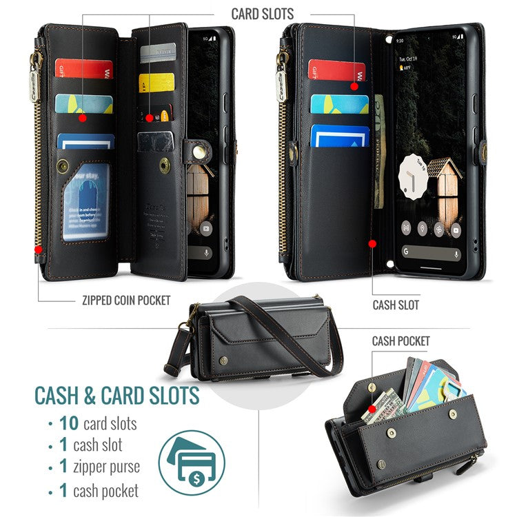 CASEME C36 Series For Google Pixel 9 Pro XL Case Zipper Wallet Leather Phone Cover with Straps - Black