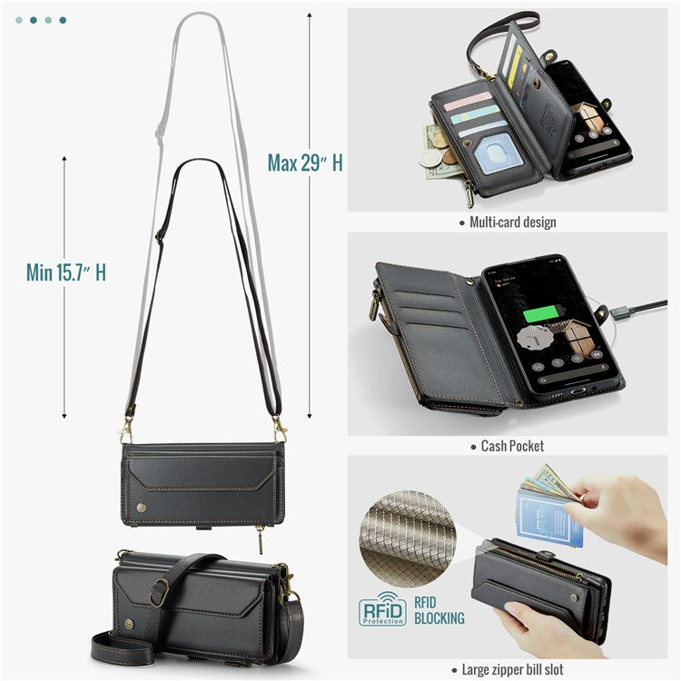 CASEME C36 Series For Google Pixel 9 Pro XL Case Zipper Wallet Leather Phone Cover with Straps - Black
