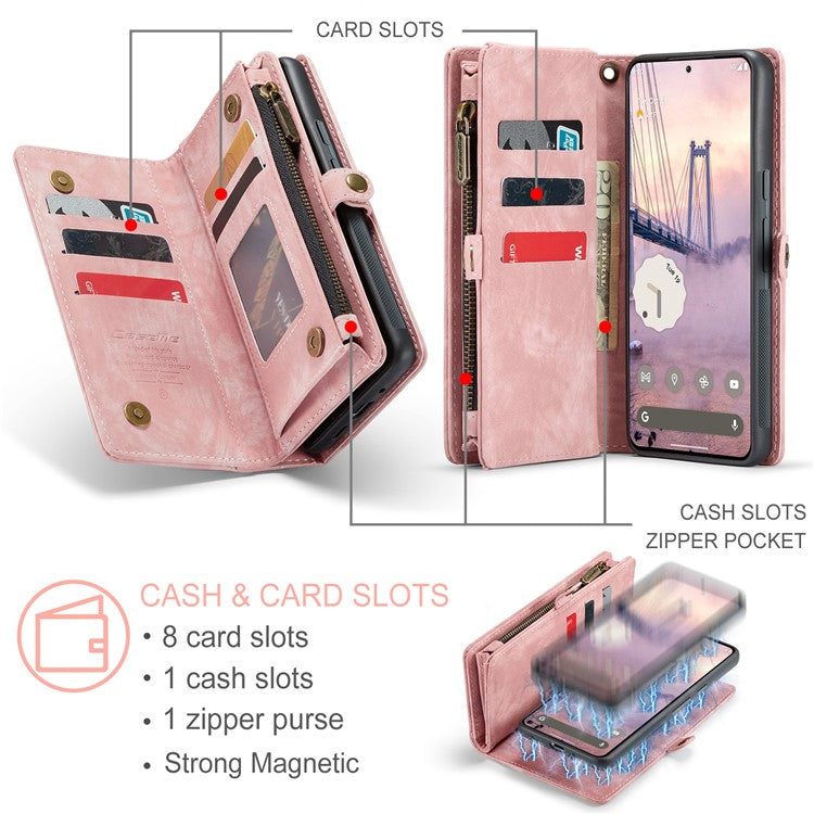 CASEME 008 Series for Google Pixel 9 Pro XL Case Leather Phone Cover Zipper Pocket Wallet - Pink