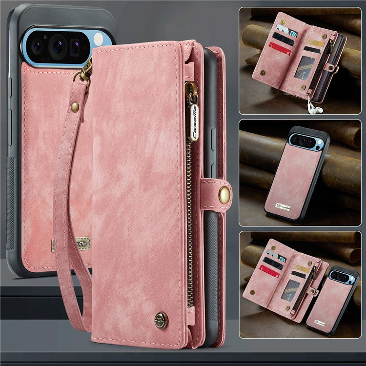 CASEME 008 Series for Google Pixel 9 Pro XL Case Leather Phone Cover Zipper Pocket Wallet - Pink