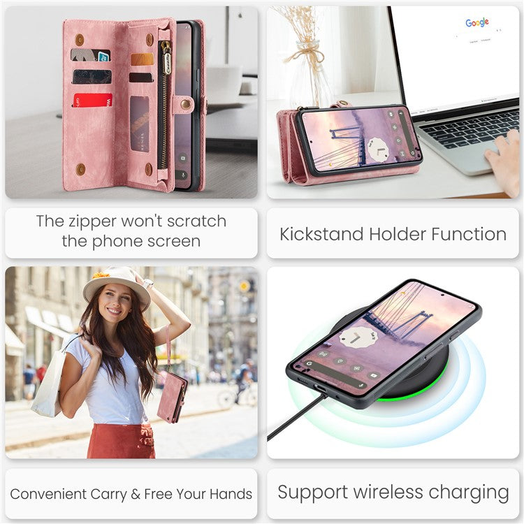 CASEME 008 Series for Google Pixel 9 Pro XL Case Leather Phone Cover Zipper Pocket Wallet - Pink